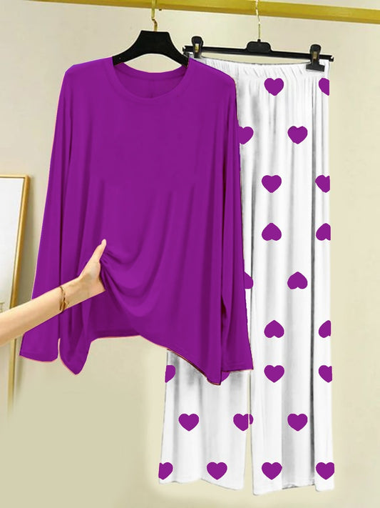 Plain Purple Shirt With Herat Printed Palazzo