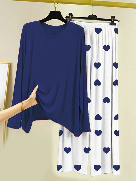 Plain Navy Blue Shirt With Herat Printed Palazzo