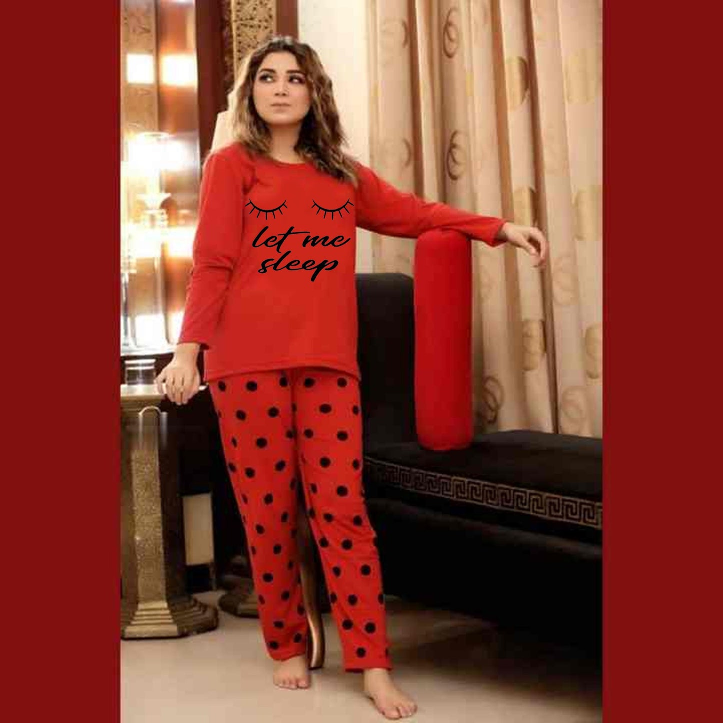 Let Me Sleep Printed Red Shirt with dotted Pajama Full sleeve