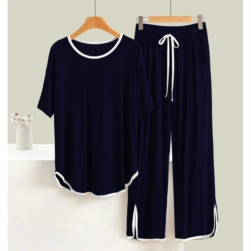 Plain  NAVY BLUE WITH White  Round Neck Palazzo PJ Set