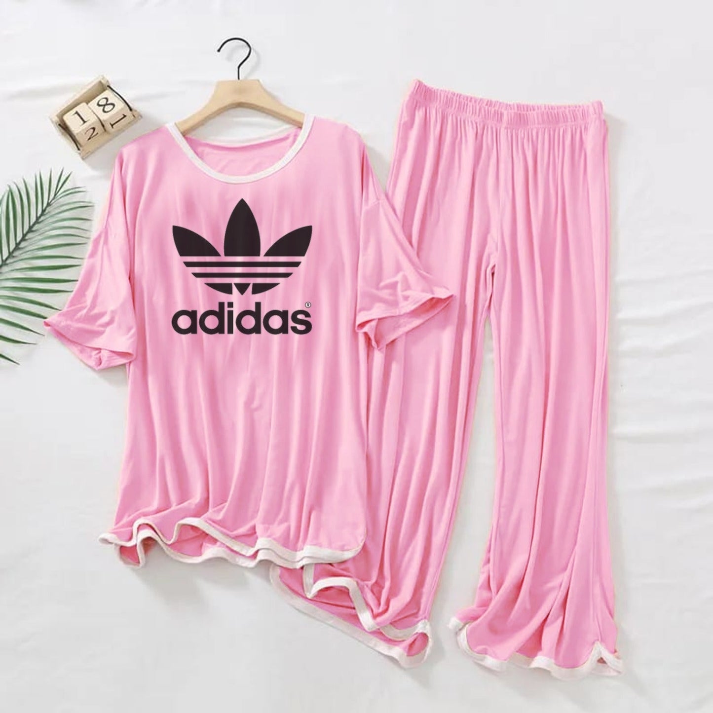 (FLOWER )ADIDAS   Logo Printed  PINK  White Border Top & Palazzo