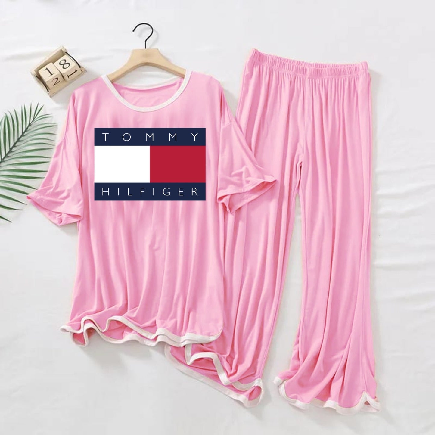 Tommy  Logo Printed  PINK  White Border Top & Palazzo