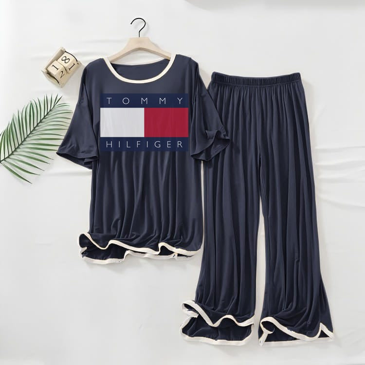 TOMMY  Logo Printed  NAVY BLUE White Border Top & Palazzo