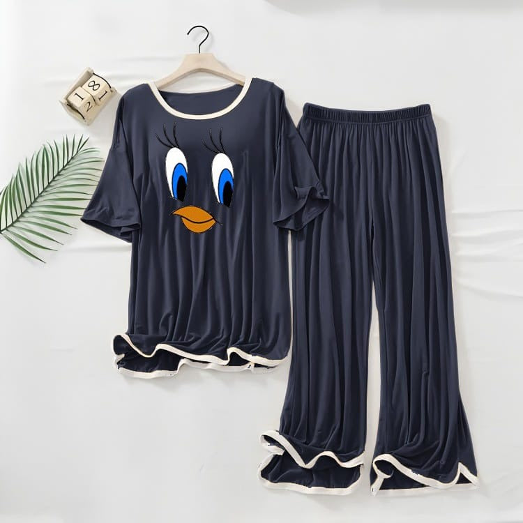 NAVY BLUE White Border Daffy Duck Printed Top & Palazzo