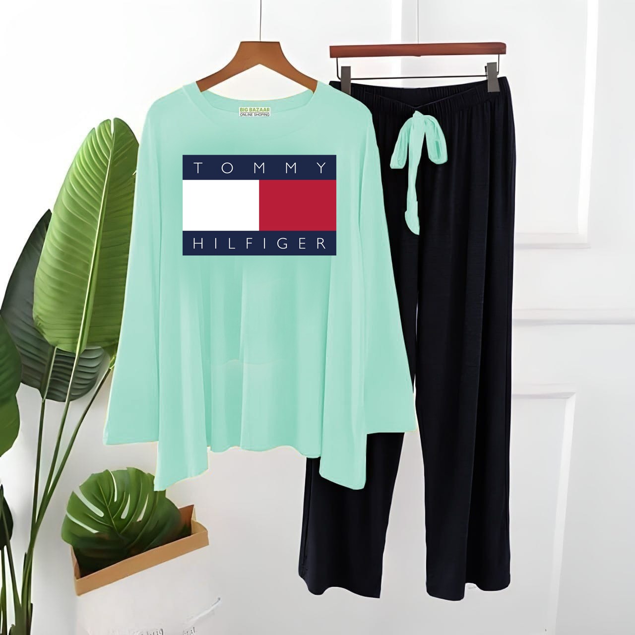 Tommy  Logo Printed  Sea Green With Black  Top & Palazzo