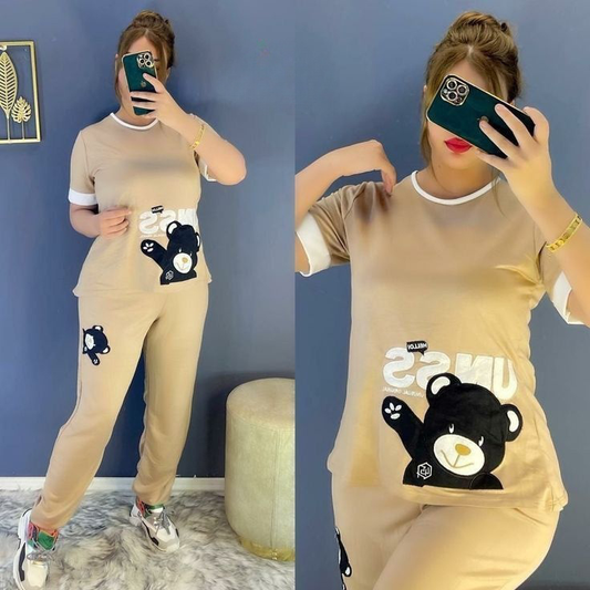 Black teddy bear  on Skin  Nightwear ( PJ'S Night Dress )