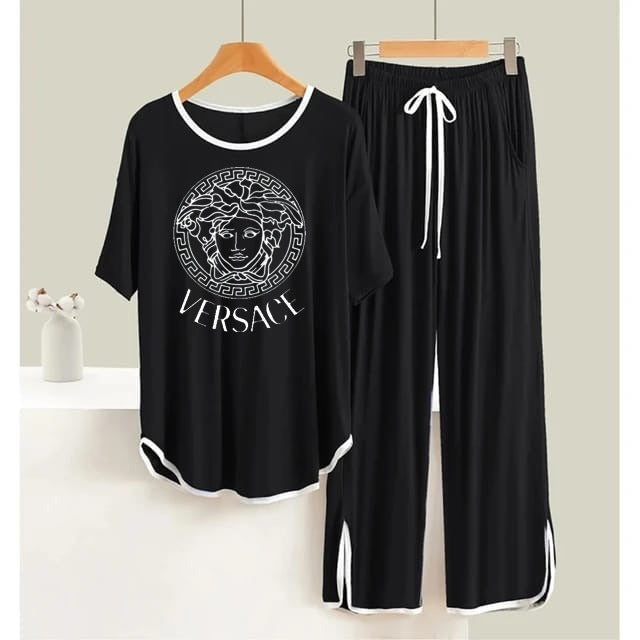 Black Versace White  Round Neck Plazzo PJ Set