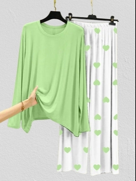 Plain Green Shirt With Herat Printed Palazzo