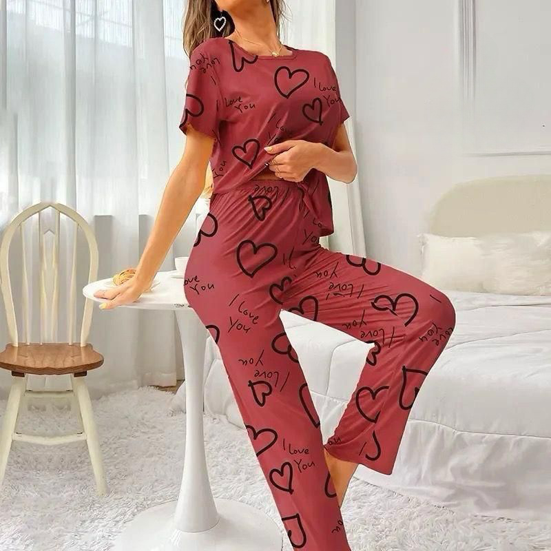 Love Hearts on Maroon Nightwear ( PJ'S Night Dress )