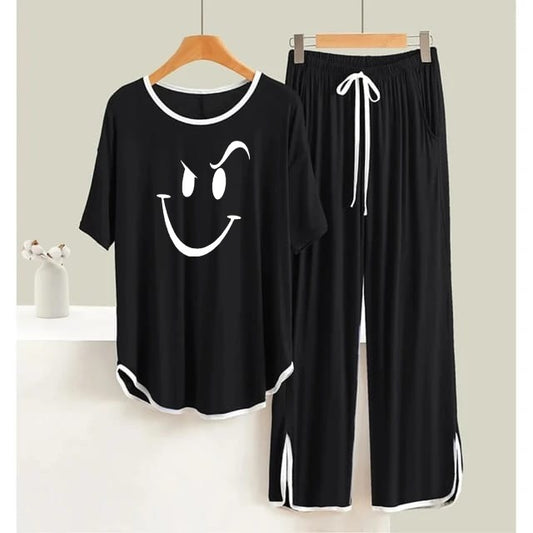 Black Smile White  Round Neck Plazzo PJ Set