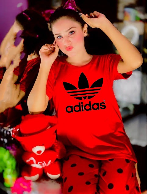 (Flower)ADIDAS  Logo Printed  Red Shirt with dotted Pajama Half sleeve