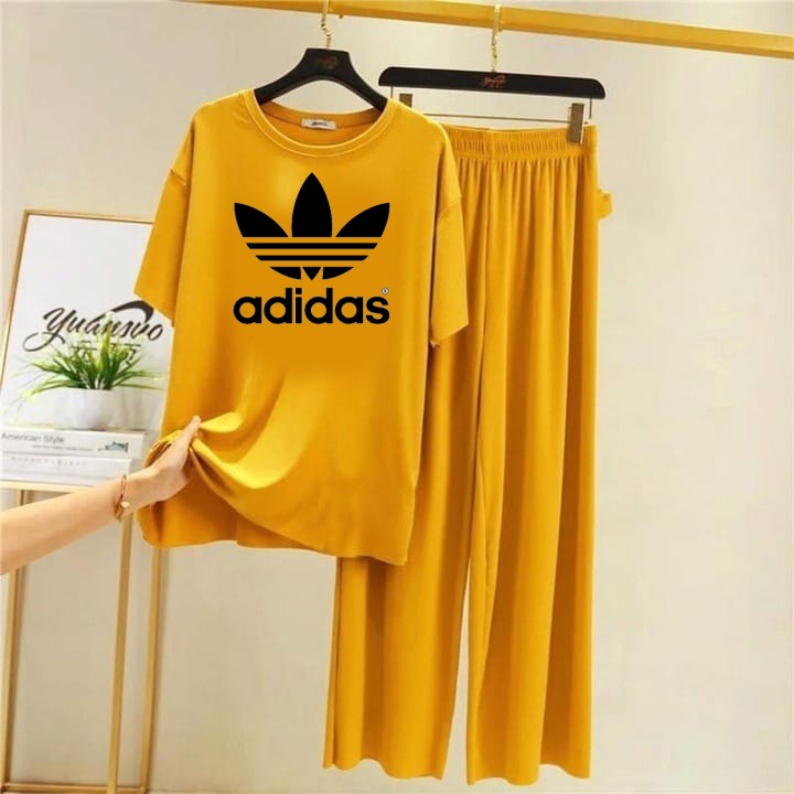 (FLOWER )ADIDAS   Logo Printed  Yellow Top & Palazzo