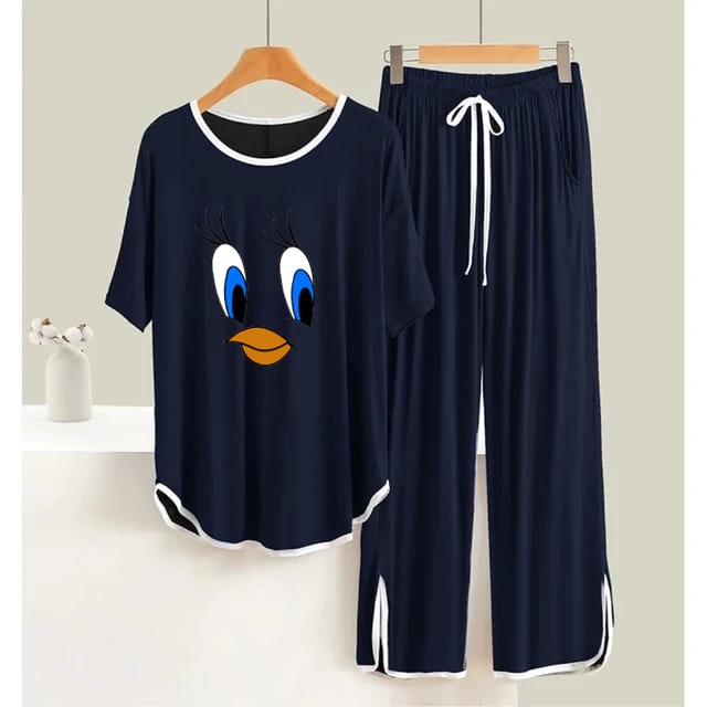 Navy BLUE Daffy Duck White  Round Neck Plazzo PJ Set