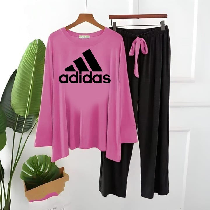 (line )ADIDAS Logo Printed Pink with Black  Top & Palazzo