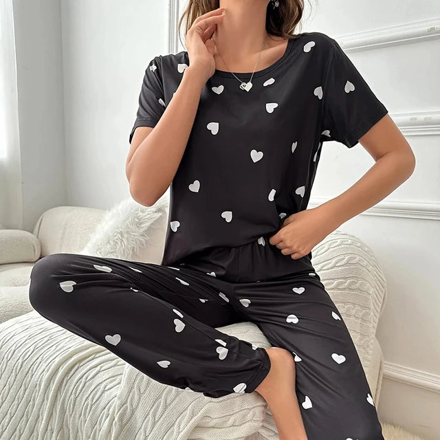 White Hearts on Black Nightwear ( PJ'S Night Dress )