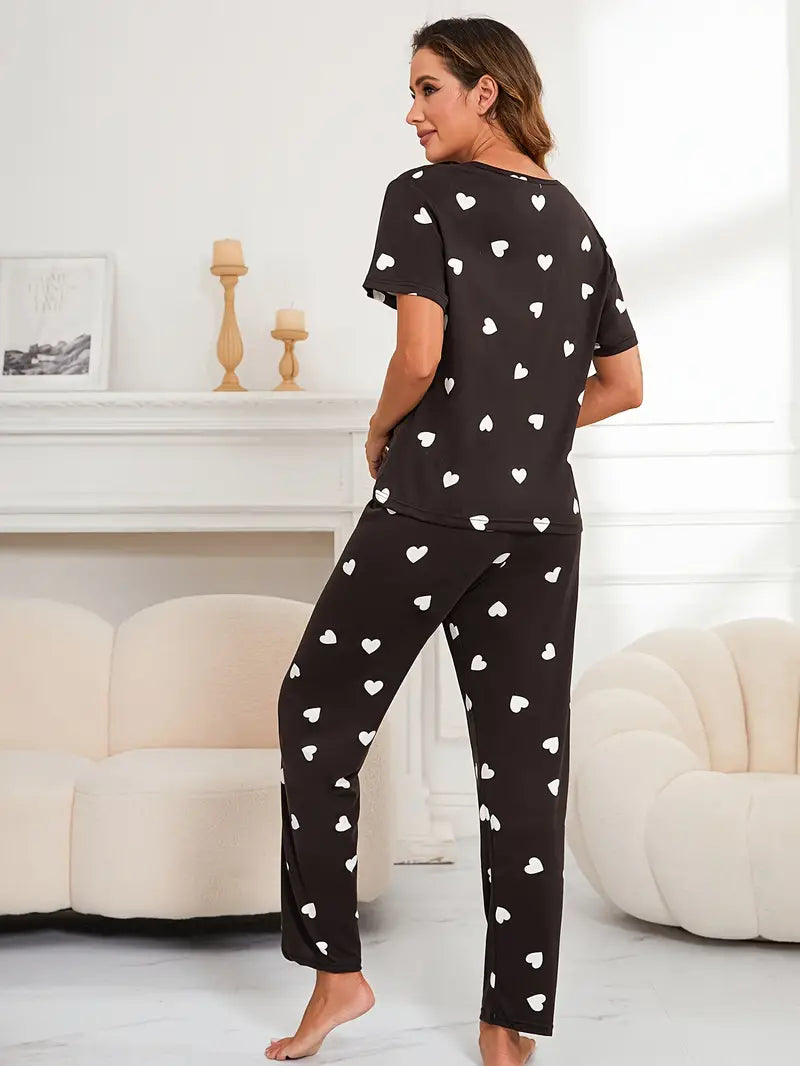 White Hearts on Black Nightwear ( PJ'S Night Dress )