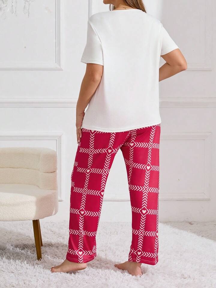 Heart Letter Arrow Print Pajama Set white with pink  ( PJ'S Night Dress )