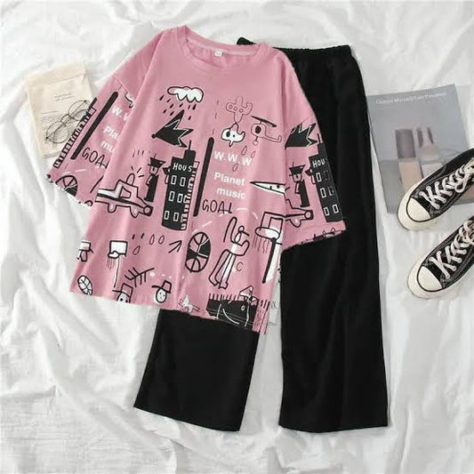 Pink Multicolor Painted Half sleeve ( PJ'S Night Dress )