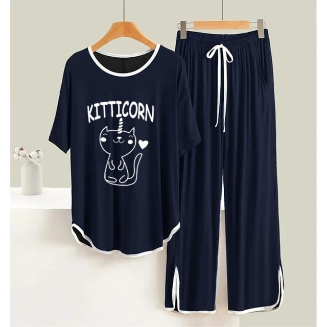 Navy BLUE Kitticorn White  Round Neck Plazzo PJ Set