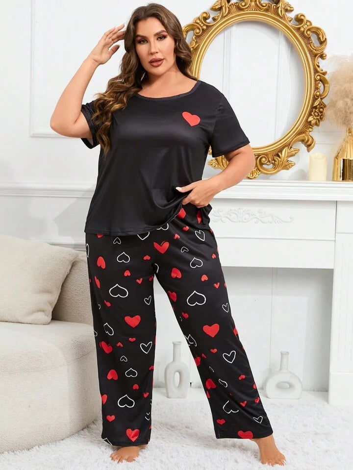 Red & White Hearts on Black Nightwear ( PJ'S Night Dress )