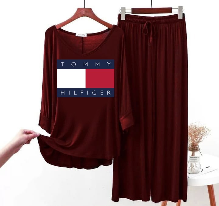 TOMMY Logo Printed  Maroon Full Sleeves Top & Palazzo