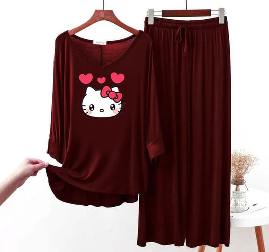 Maroon Kitty Printed Flapper Style Dress Full Sleeves