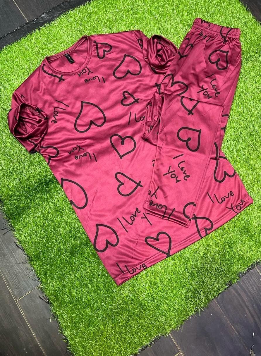 Love Hearts on Maroon Nightwear ( PJ'S Night Dress )