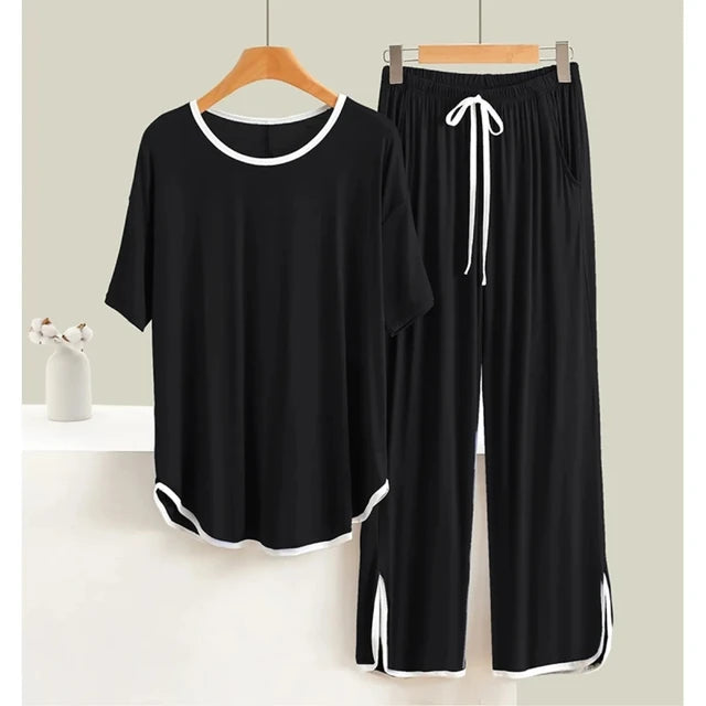 Plain  Black  White Round Neck Plazzo PJ Set