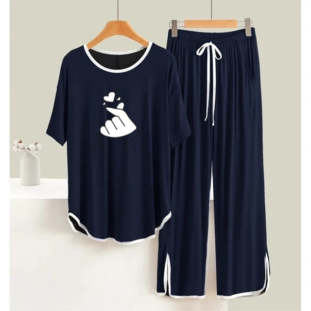 Navy BLUE Finger Love White Border Round Neck Plazzo PJ Set