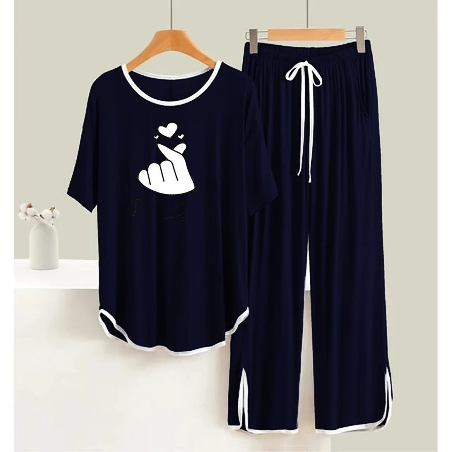 Navy BLUE Finger Love White Border Round Neck Plazzo PJ Set