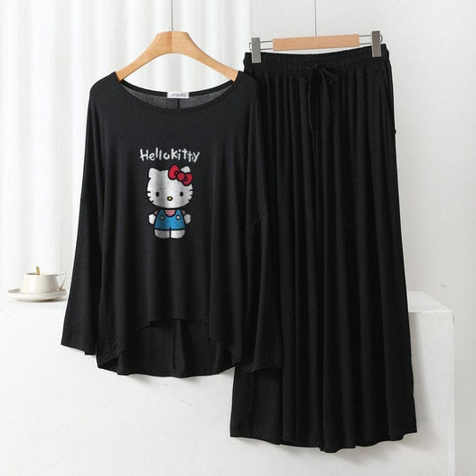 Deep Black HELLO KITTY Half Sleeves Round Neck Plazzo PJ Set