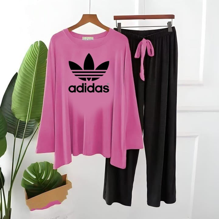 (FLOWER )ADIDAS   Logo Printed Pink with Black  Top & Palazzo