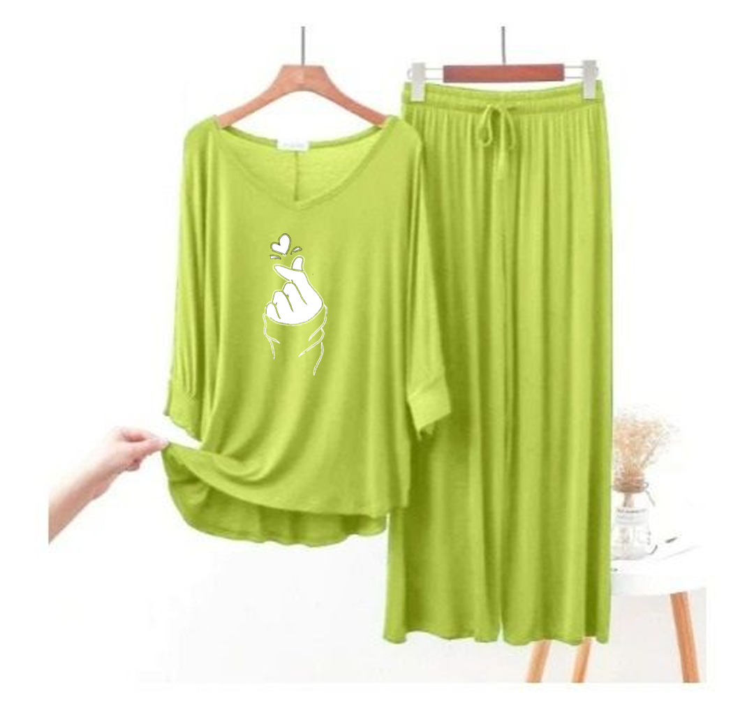 Lemon Green Finger Love V-Neck Women Night Suit PJ Set