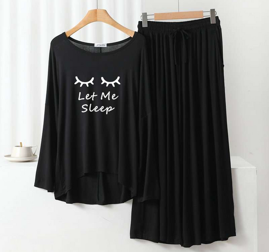 Deep Black let me sleep Round Neck Plazzo PJ Set