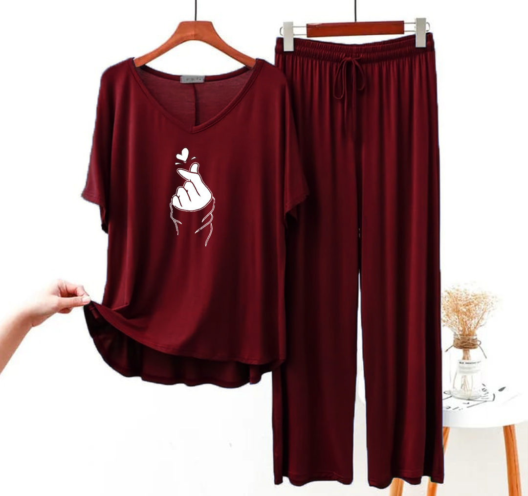 Maroon Finger Love V-Neck Women ( Shirt & Palazzo )