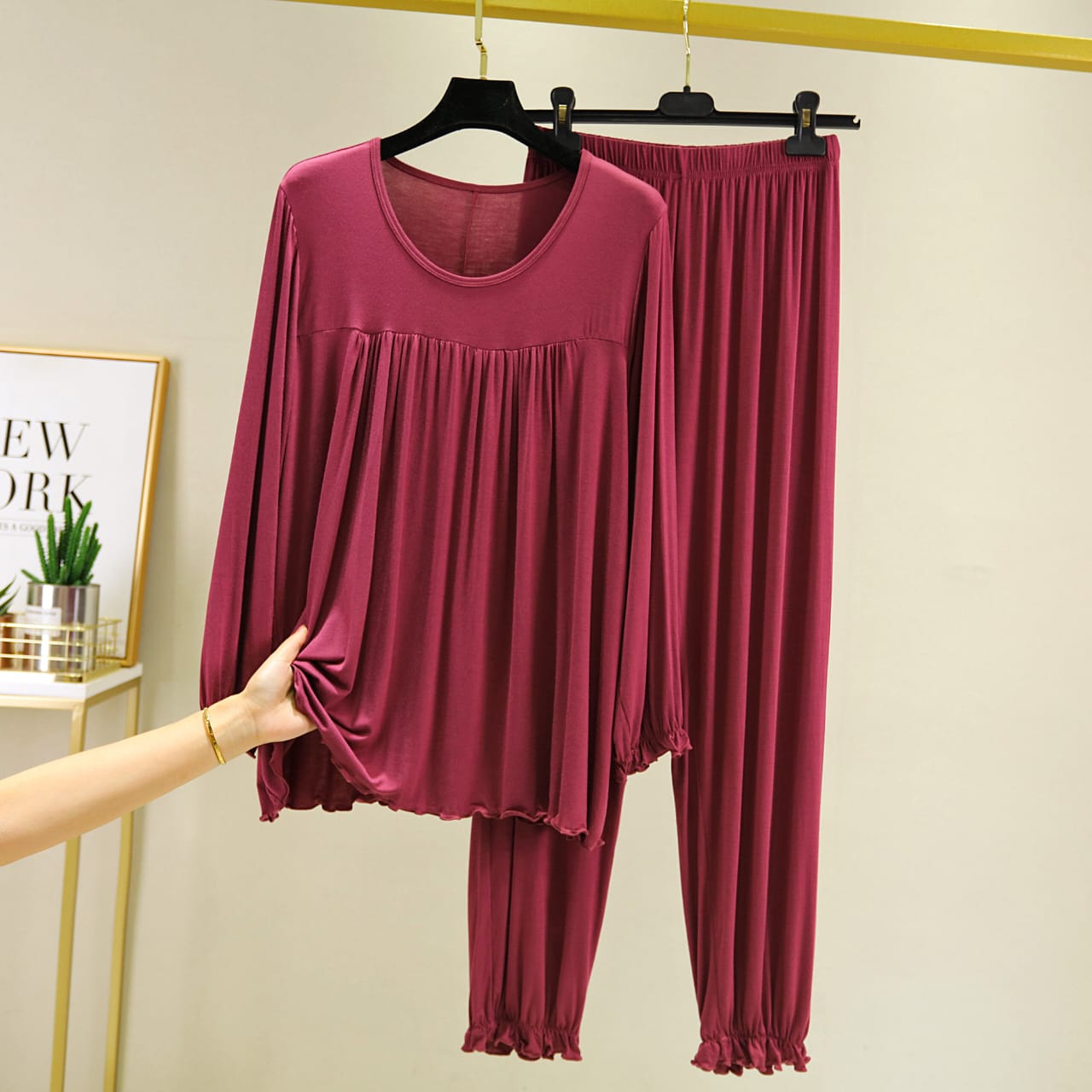 Maroon Round Neck Frill Style T Shirt with Palazzo Style Pajama Full Sleeves Suit