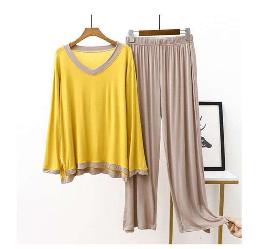 Plain Yellow with Skin V Neck & Skin  Palazzo Pajama