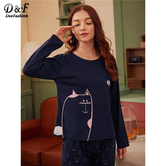 NAVY BLUE CAT ( PJ'S Night Dress )