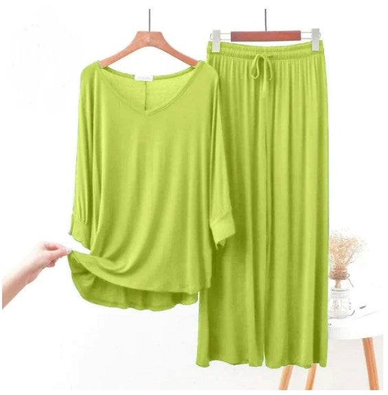 Plain Lemon Green Palazzo Style Night Dress Full Sleeve